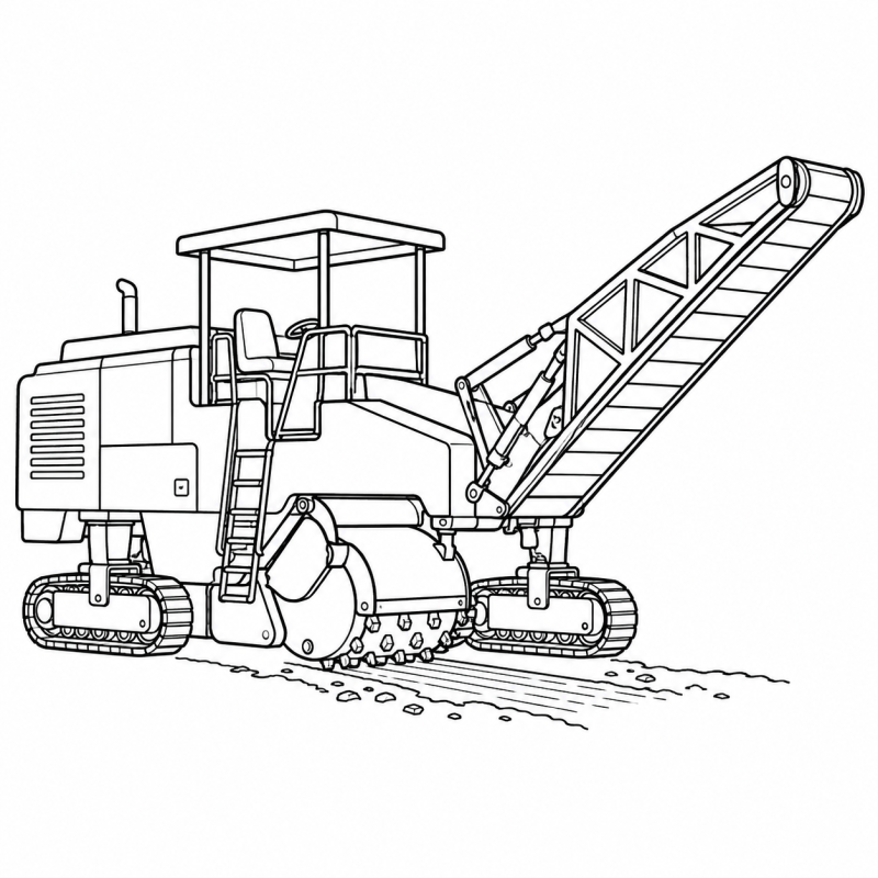 Desenho para colorir de uma fresadora de asfalto com esteiras e esteira transportadora elevada