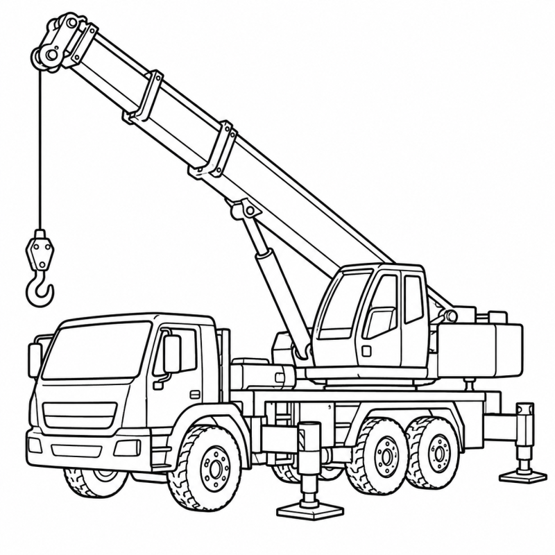 Desenho para colorir de um guindaste móvel com lança telescópica e gancho suspenso