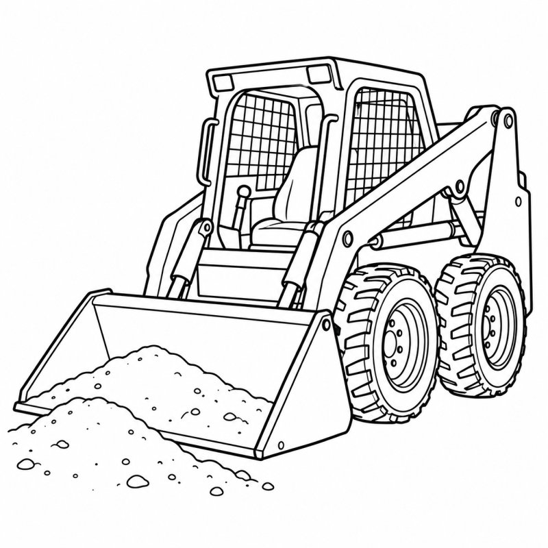 Desenho para colorir de uma minicarregadeira de quatro rodas com caçamba junto a um monte de areia