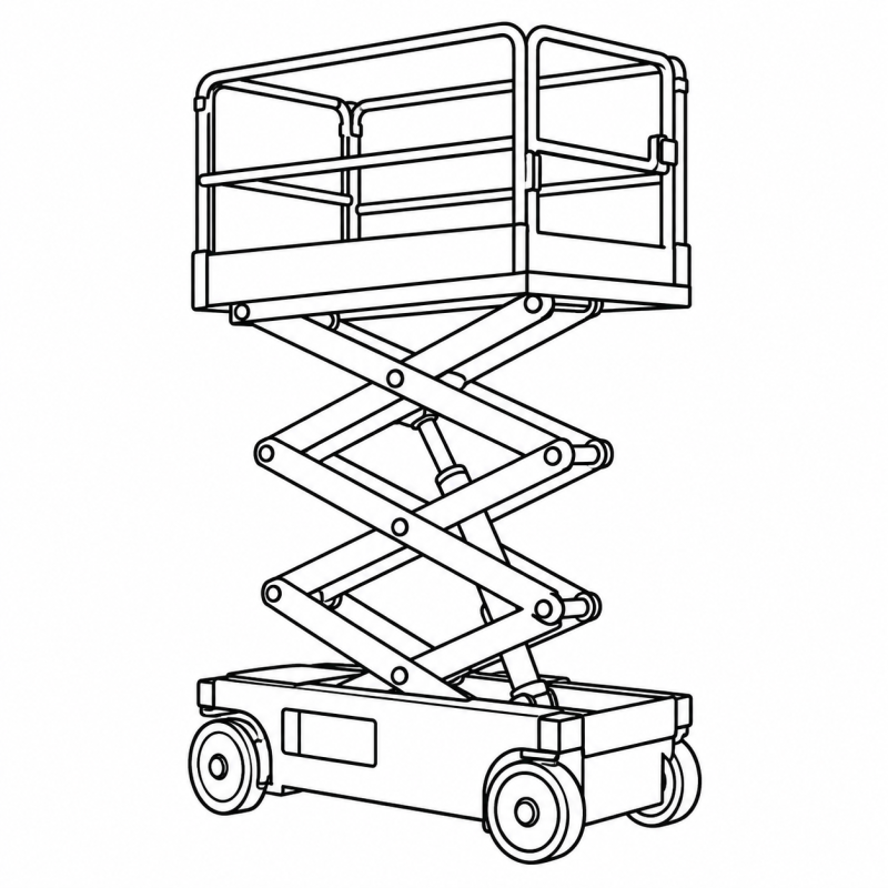 Desenho para colorir de uma plataforma elevatória com estrutura em tesoura e cesto protegido