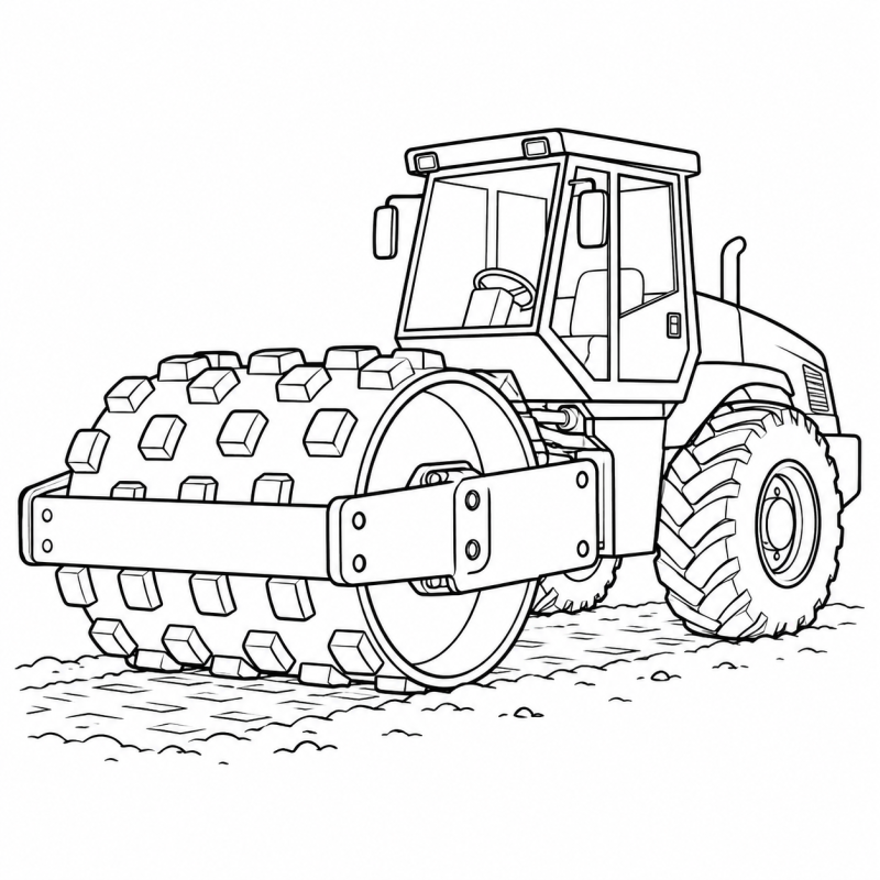 Desenho para colorir de um rolo compactador pé de carneiro com saliências no cilindro dianteiro