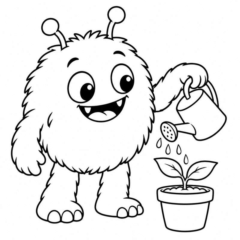 Monstrinho peludo com antenas regando uma muda em vaso.