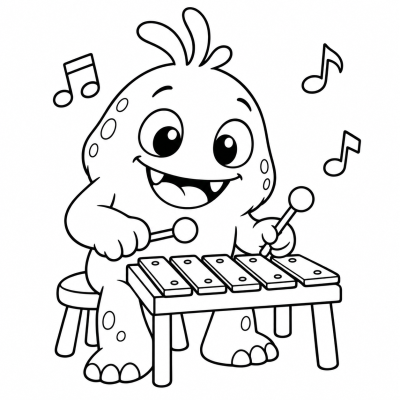 Monstrinho sentado tocando xilofone com duas baquetas e notas musicais ao redor.