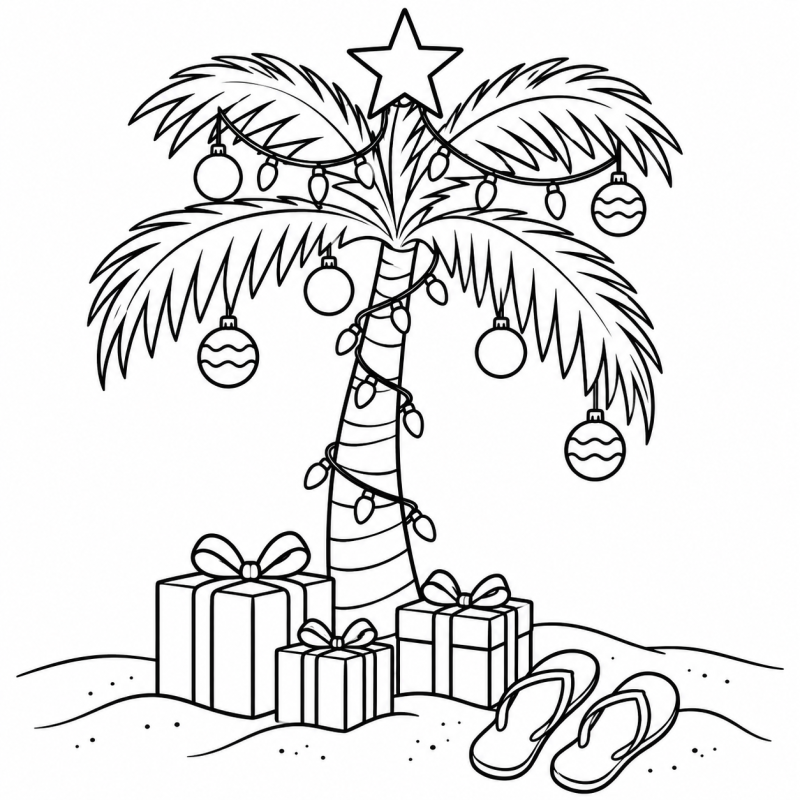 Árvore de Natal Tropical em desenho de contorno para colorir