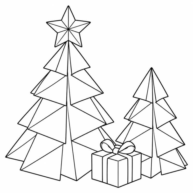Desenho para colorir de duas árvores de Natal feitas de papel dobrado com uma estrela e um presente