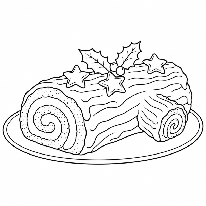 Desenho para colorir de bolo em forma de tronco com espiral de recheio, estrelas e azevinho