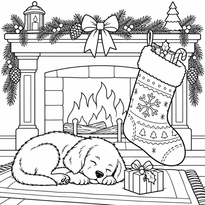 Cachorro Dormindo Perto da Meia de Natal em desenho de contorno para colorir