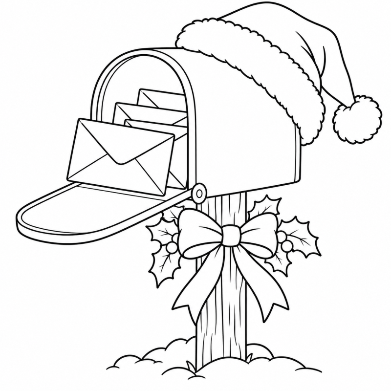 Desenho para colorir de uma caixa de correio decorada com azevinho e envelopes de Natal