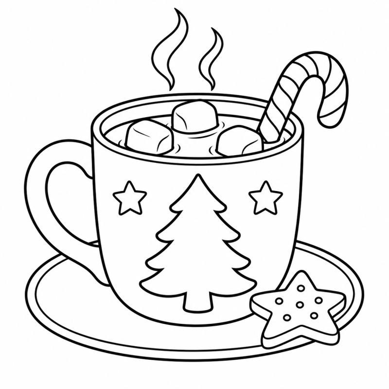 Desenho para colorir de caneca natalina com três marshmallows, bengala doce e biscoito de estrela