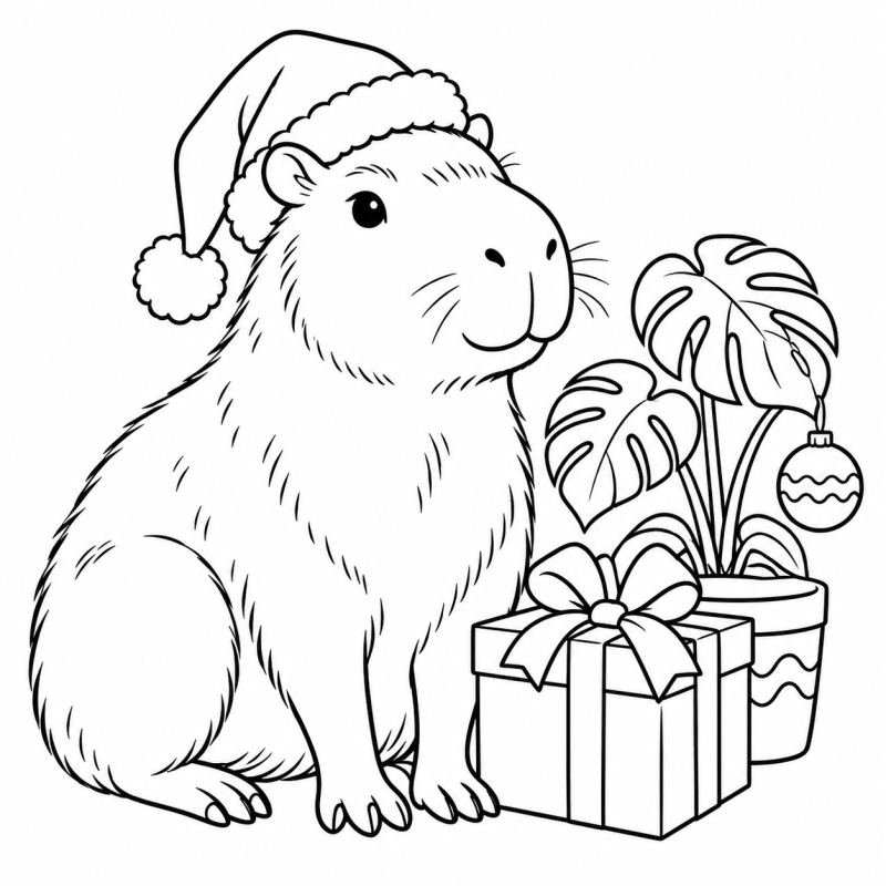 Capivara com Gorro de Natal em desenho de contorno para colorir