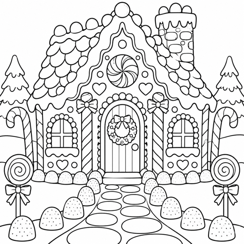 Casa de Biscoito de Natal em desenho de contorno para colorir