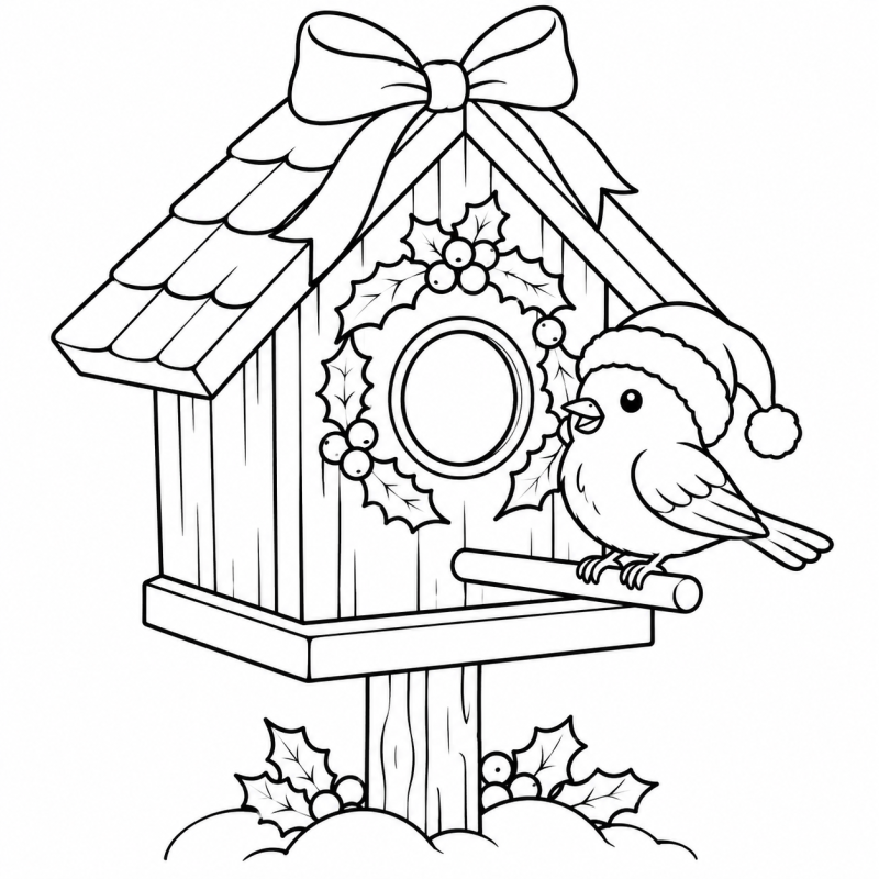 Desenho para colorir de uma casinha de passarinho com guirlanda e um pássaro de gorro