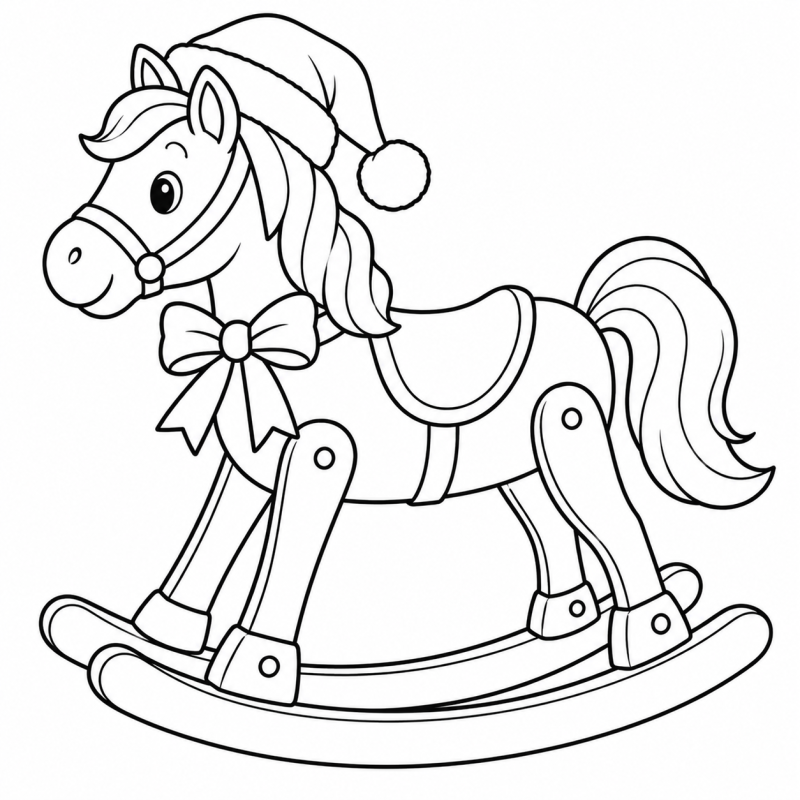 Desenho para colorir de um cavalinho de balanço com gorro natalino e um laço no pescoço