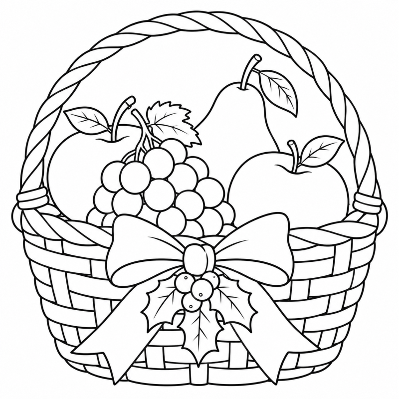 Desenho para colorir de uma cesta com maçãs, pera e uvas decorada com laço natalino