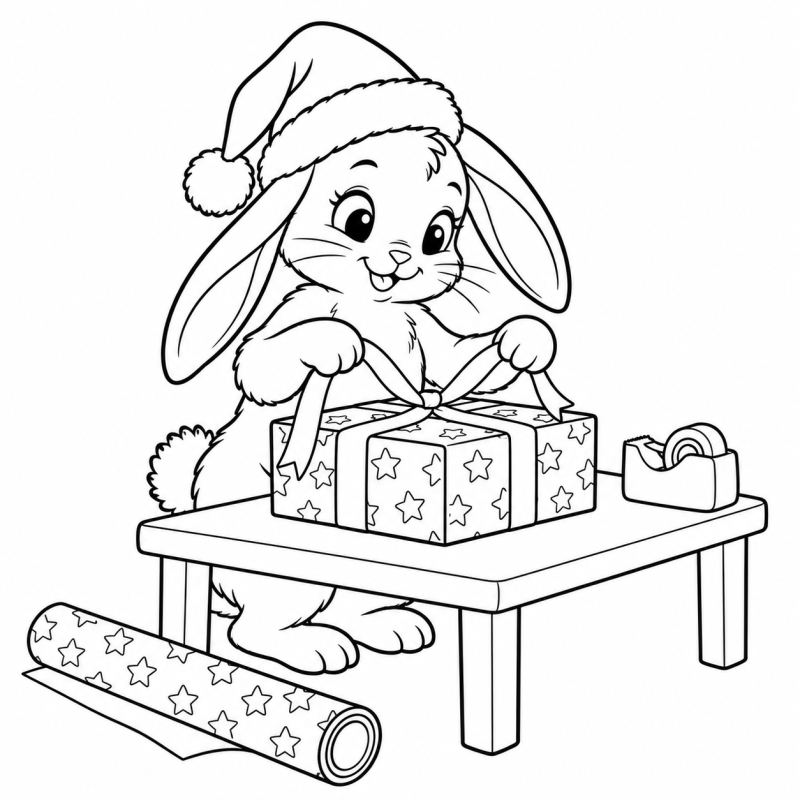 Desenho para colorir de coelho com gorro de Natal preparando laço em presente sobre uma mesa