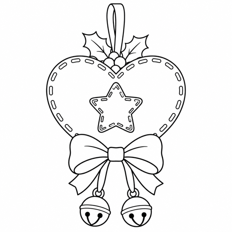 Desenho para colorir de coração natalino de feltro com estrela costurada, laço e dois guizos