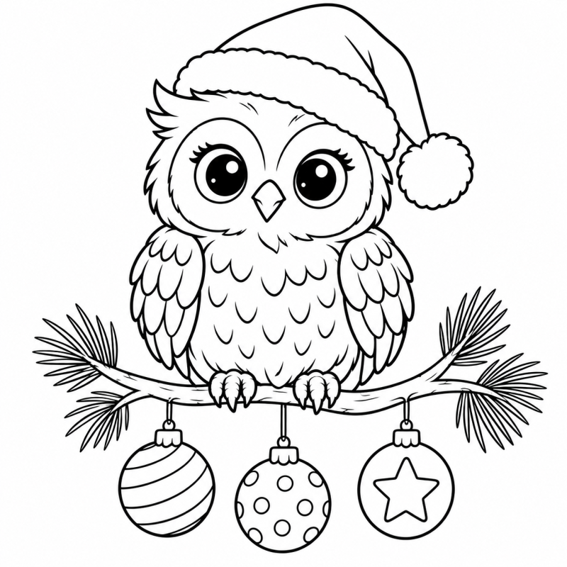 Desenho para colorir de coruja de gorro natalino sobre galho com três bolas decoradas