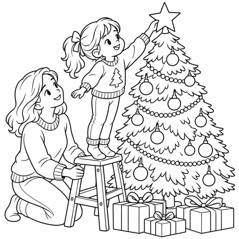 Criança Colocando a Estrela na Árvore em desenho de contorno para colorir