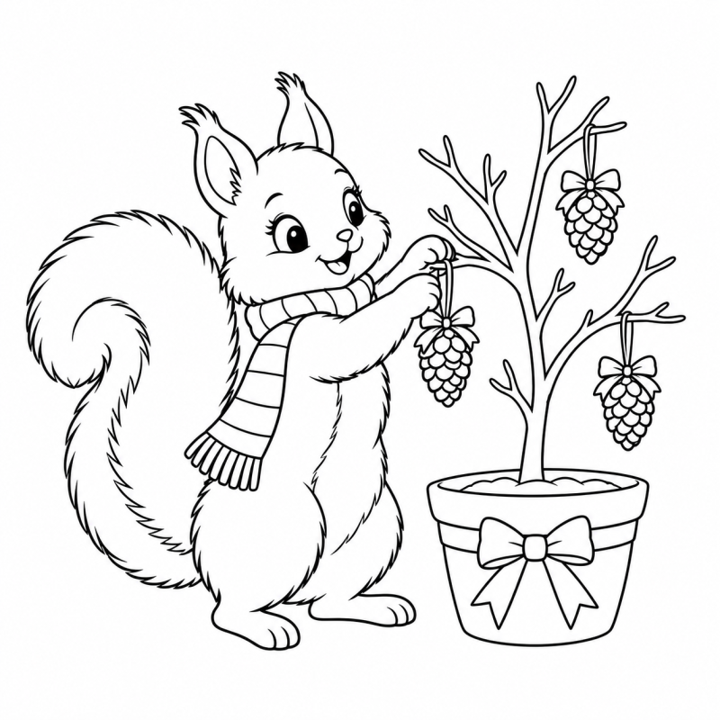 Desenho para colorir de esquilo de cachecol pendurando pinha em árvore no vaso com laço