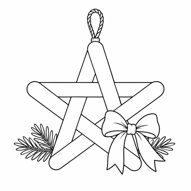 Desenho para colorir de estrela natalina feita de palitos com cordão, laço e ramos de pinheiro