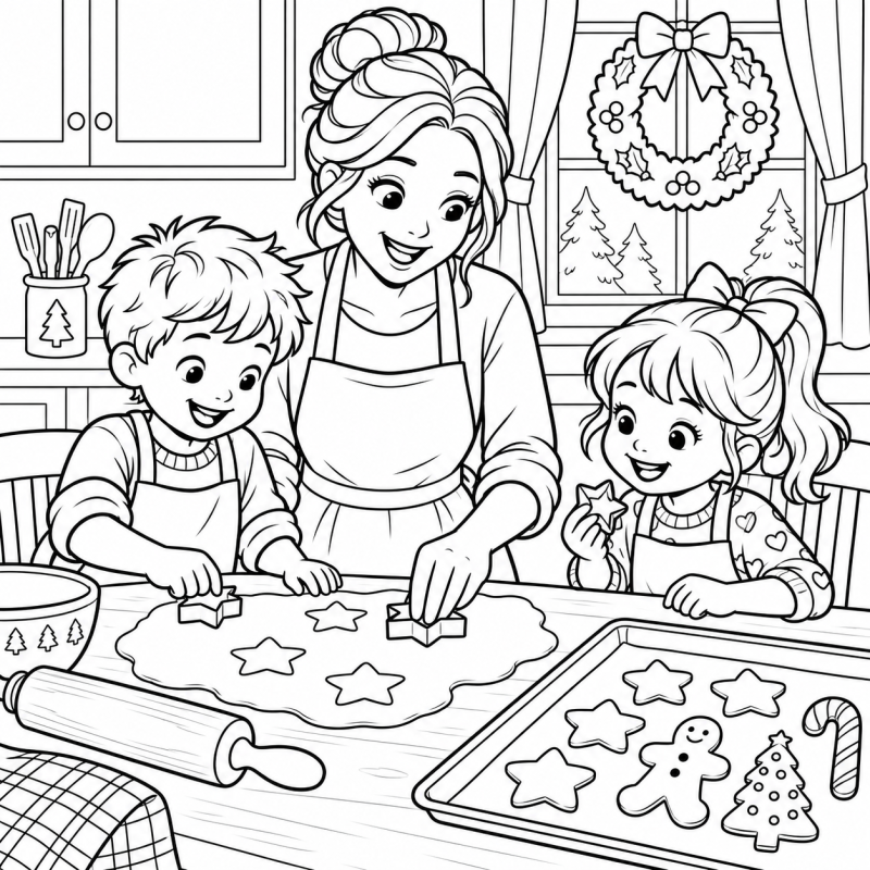 Família Fazendo Biscoitos de Natal em desenho de contorno para colorir