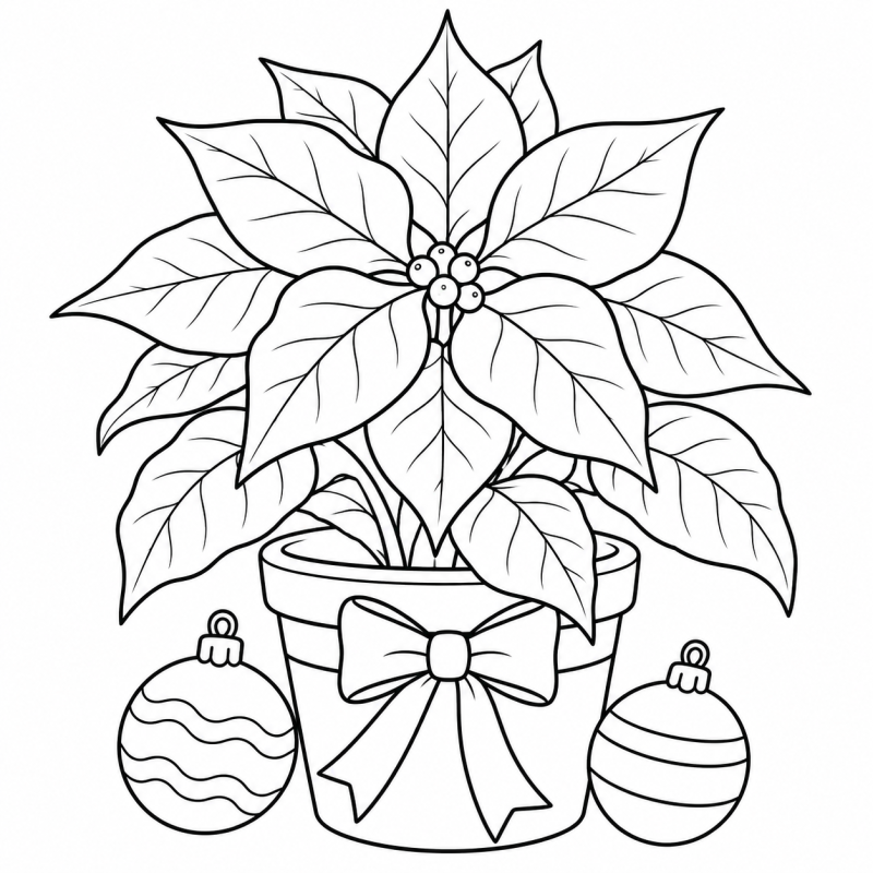 Desenho para colorir de uma flor bico-de-papagaio em um vaso com laço e pequenos enfeites natalinos