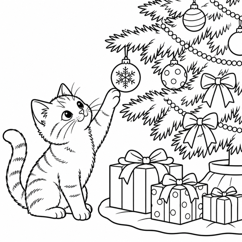 Gato com Bola de Natal em desenho de contorno para colorir