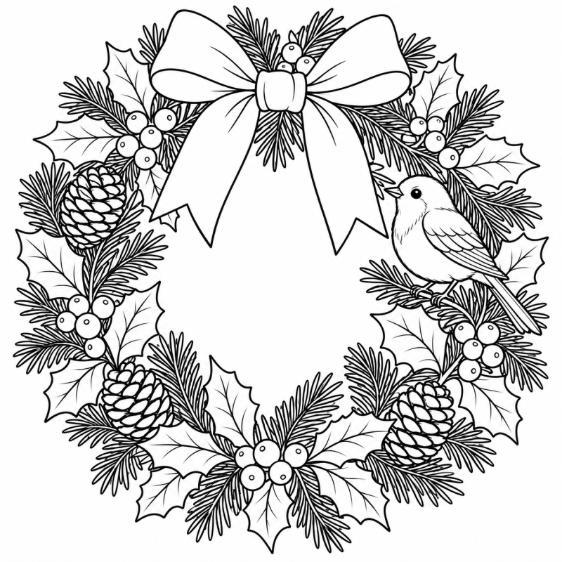 Guirlanda de Natal com Pássaro em desenho de contorno para colorir