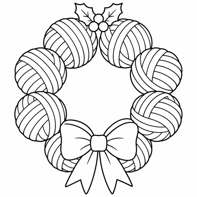 Desenho para colorir de guirlanda de novelos com laço grande e folhas de azevinho