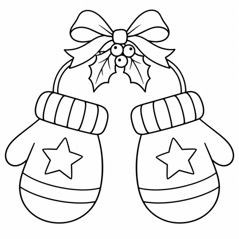 Desenho para colorir de um par de luvas natalinas decoradas com estrelas e ligadas por um cordão