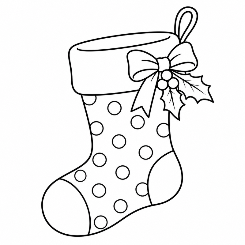 Desenho para colorir de meia natalina de bolinhas com laço e ramo de azevinho