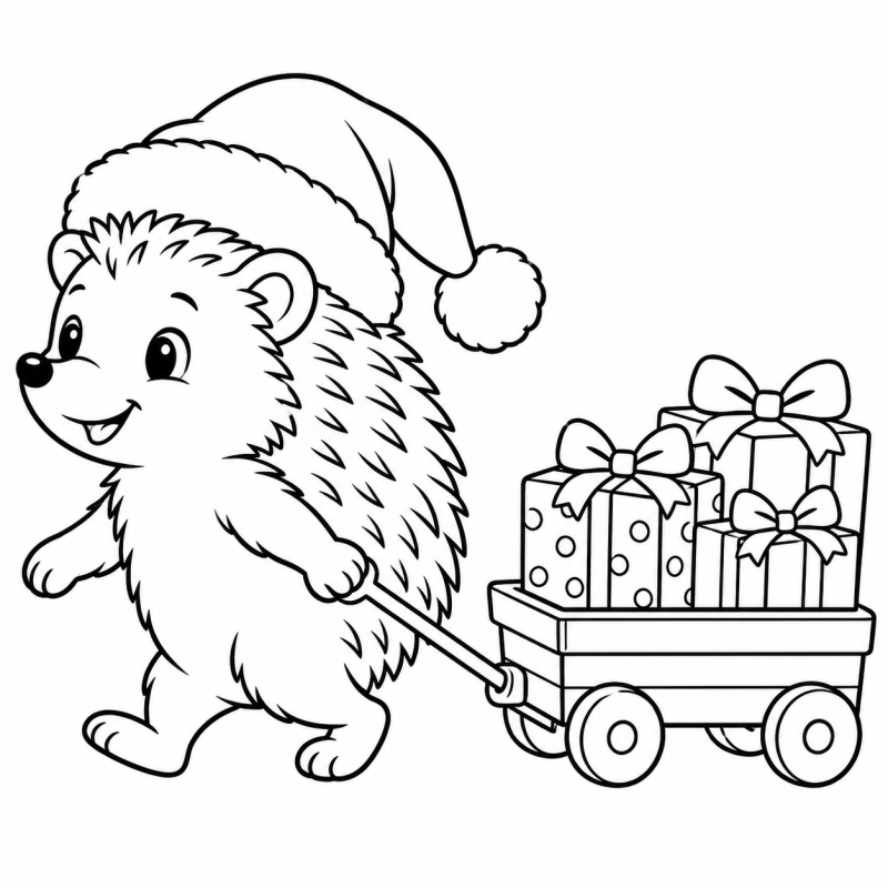 Desenho para colorir de um ouriço de gorro puxando um carrinho com presentes de Natal