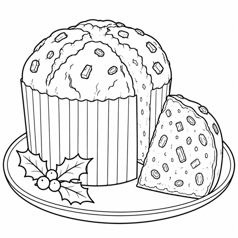 Desenho para colorir de um panetone em um prato decorado com um ramo e uma fatia ao lado