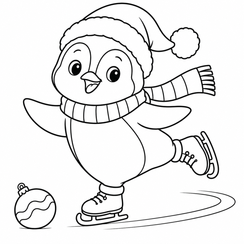 Desenho para colorir de um pinguim de gorro e cachecol patinando perto de uma bola de Natal
