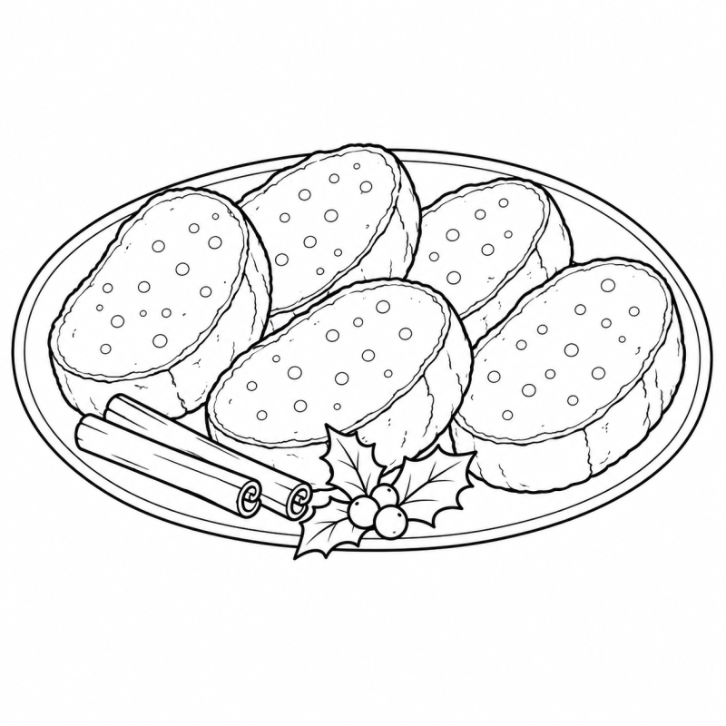 Desenho para colorir de travessa oval com cinco rabanadas, paus de canela e azevinho