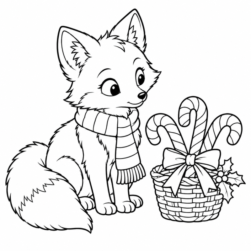 Desenho para colorir de raposa de cachecol ao lado de cesta com três bengalas doces natalinas