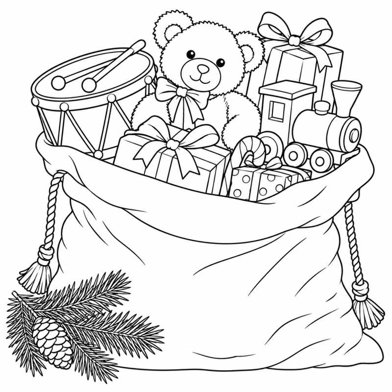 Saco de Presentes do Papai Noel em desenho de contorno para colorir