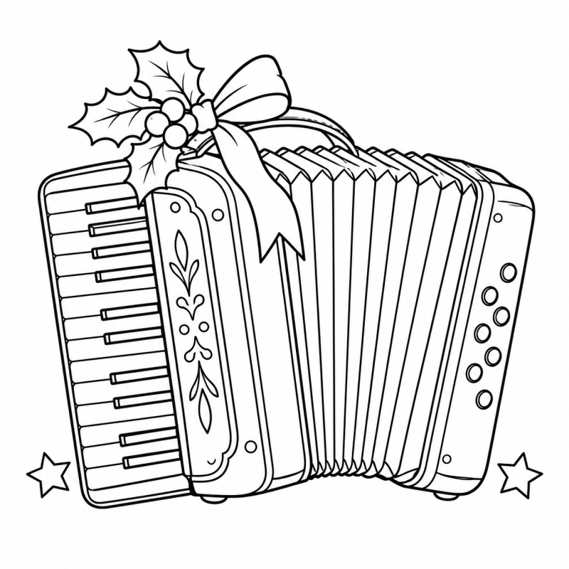 Desenho para colorir de sanfona de fole aberto decorada com laço e folhas de azevinho