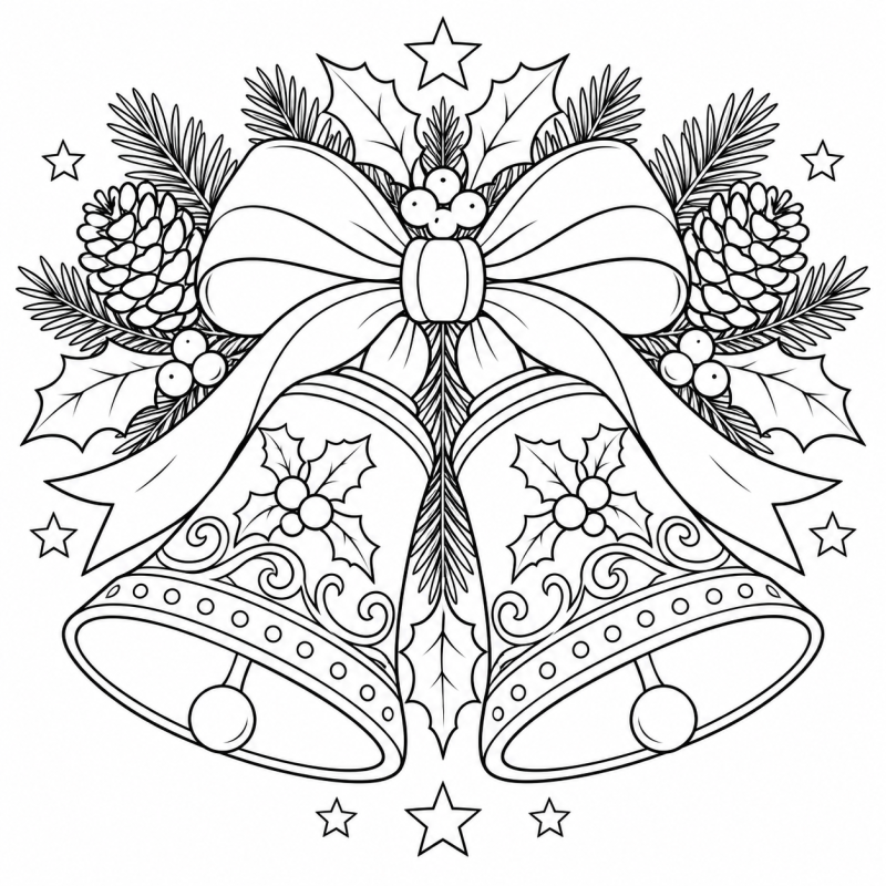 Sinos de Natal com Laço em desenho de contorno para colorir