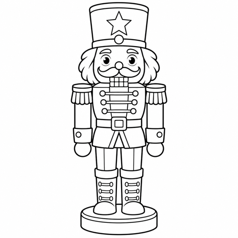 Desenho para colorir de um soldadinho quebra-nozes com chapéu alto e uniforme decorado