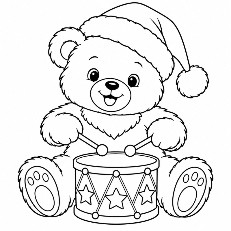 Desenho para colorir de um ursinho com gorro tocando um tambor decorado com estrelas