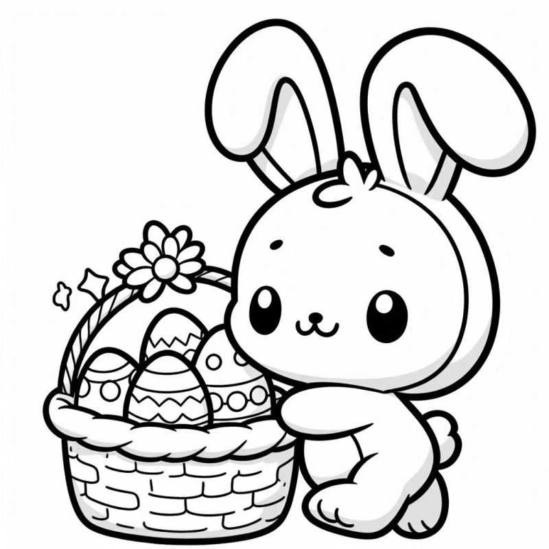 Desenho de um coelho amigável com cesto de ovos de Páscoa para colorir