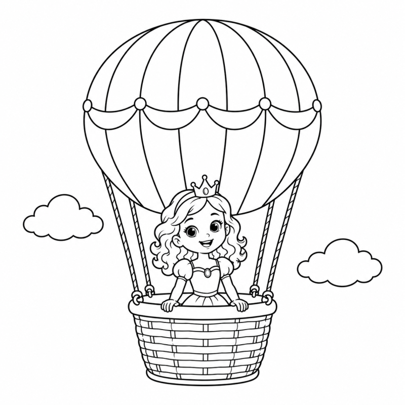 Desenho para colorir de uma princesa em um balão de ar quente entre duas nuvens