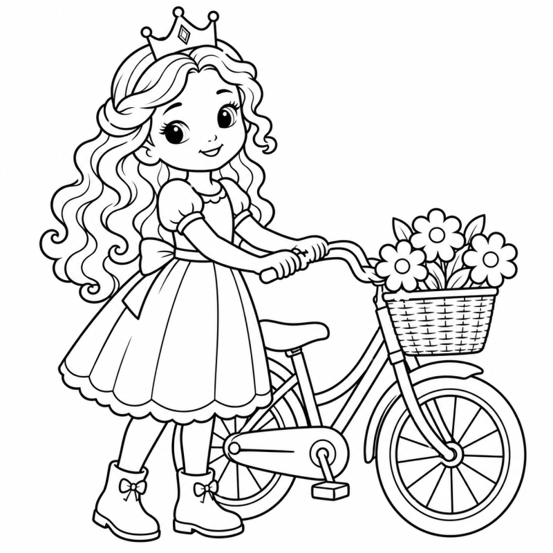 Desenho para colorir de uma princesa ao lado de uma bicicleta com cesta de flores