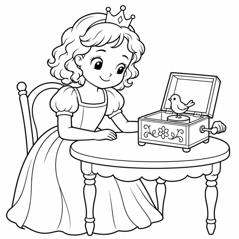 Desenho para colorir de uma princesa com uma caixa de música decorada com um pássaro