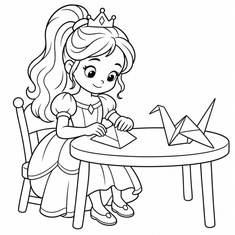 Desenho para colorir de uma princesa fazendo uma dobradura de pássaro