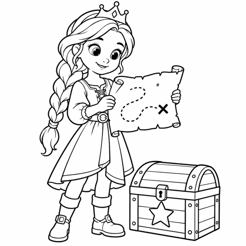 Desenho para colorir de uma princesa segurando um mapa do tesouro perto de um baú