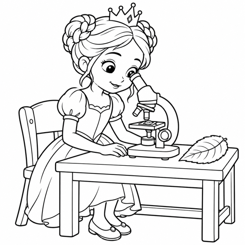 Desenho para colorir de uma princesa examinando uma folha com um microscópio