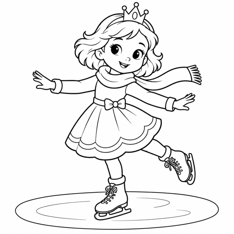 Desenho para colorir de uma princesa patinando em uma pequena pista de gelo