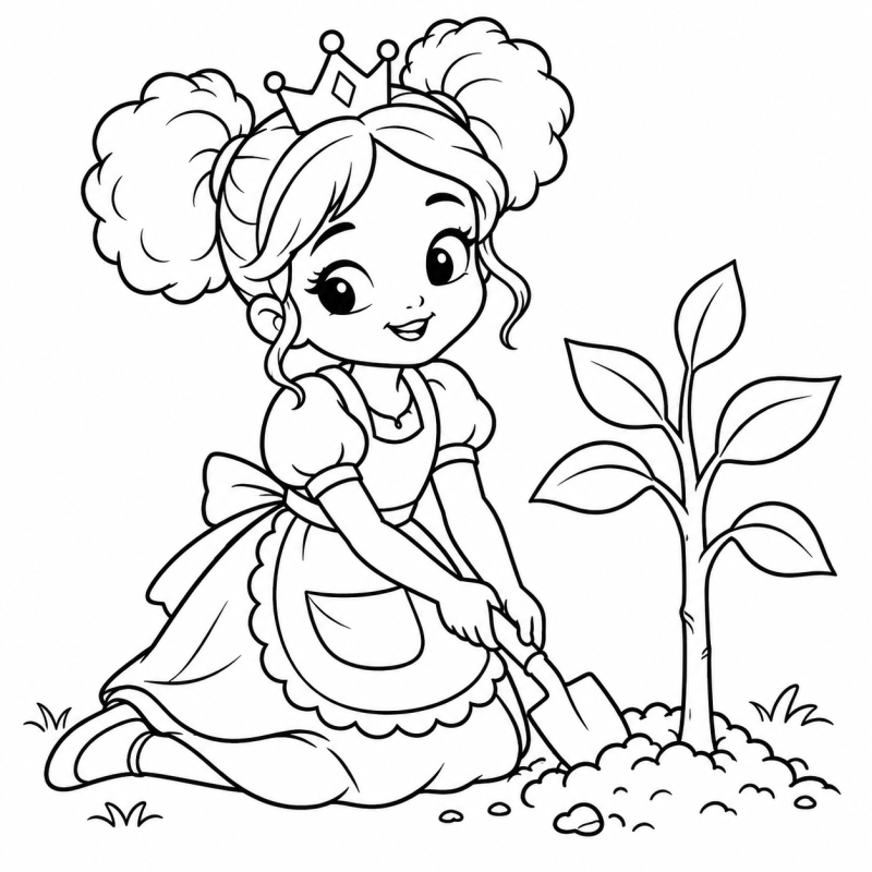 Desenho para colorir de uma princesa plantando uma pequena árvore com uma pá